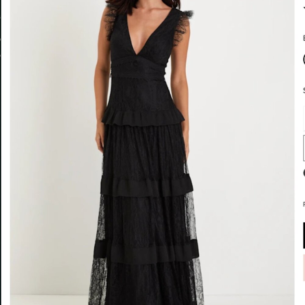 Lulu's Marvelous Darling Black Lace Tiered Maxi Dress
